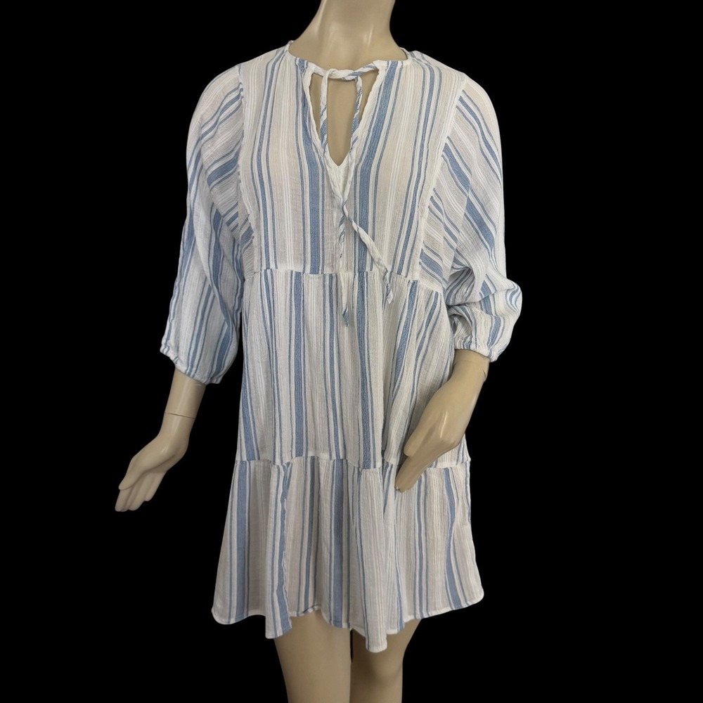 OVS Blue White Striped Tiered Crinkle Gauze Dress XL Coastal Mediterranean Boho